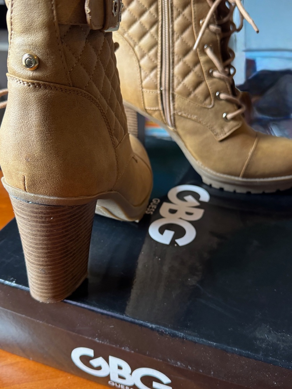G by Guess Tan Quilted Lace-Up Block Heel Ankle Boots